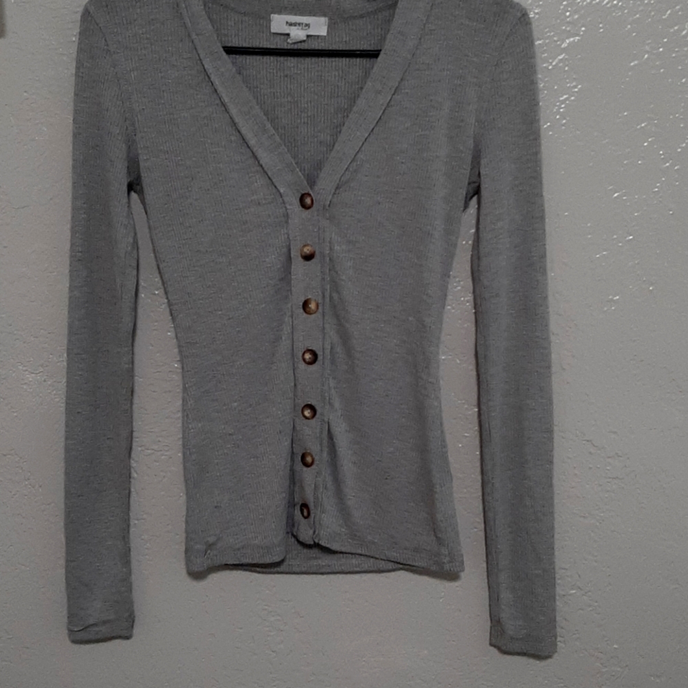 Grey button down long sleeved shirt
